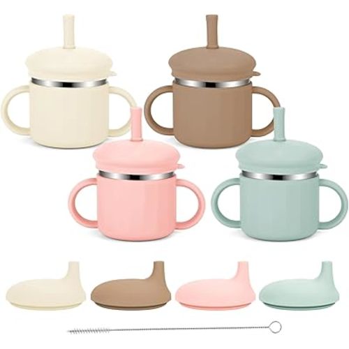Stainless Steel Baby Sippy Cups, 7.4 Oz Spill Proof Toddler Straw Cups, 3 Stages Training Cup for Toddlers 1-3 Year, Kid Cups with Silicone Sheel and Straws, 4 Colors (Pink+Green+Beige+Brown)