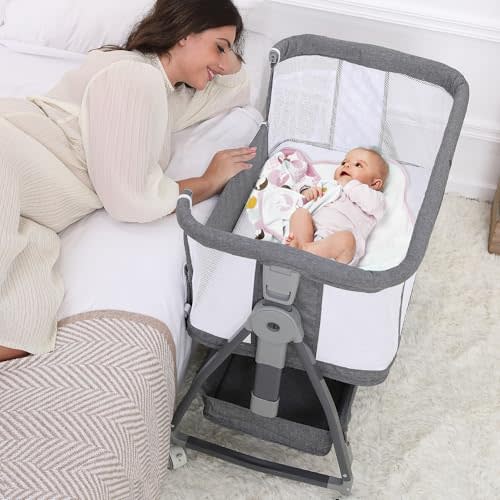 Luvkixen 3 in 1 Baby Bassinet Bedside Sleeper with Mattress and Wheels, 5 Height Adjustable Bed Side Bassinets for Newborn, Gray Rocking Bassinet for Baby