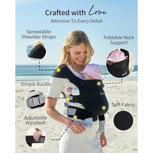GROWNSY Baby Carrier Newborn to Toddler, Cozy Baby Wraps Carrier, Ergonomic Baby Carrier with Head Support, Black