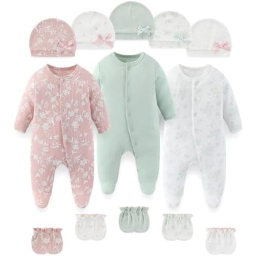 Fashion Baby Boy Girl Clothing Set Cotton Soft 3-Piece Long Sleeve Button Rompers 5-Pack Hats&Gloves Infant Clothes