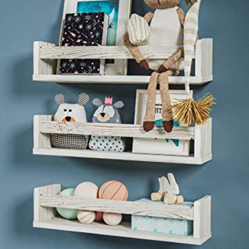 NATURE SUPPLIES Set of 3 White Nursery Room Shelves - Solid Wood Ideal for Books, Toys and Decor (Whitewashed Grey)