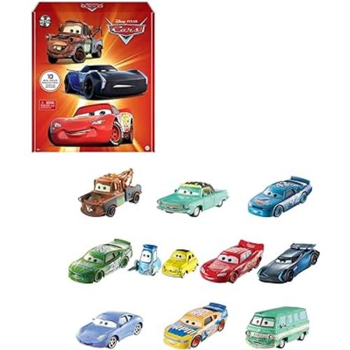 Mattel Disney and Pixar Cars Set of 10 Die-Cast Mini Racers Vehicles, Collectible Set of 1:55 Scale Toy Cars Inspired by Movies