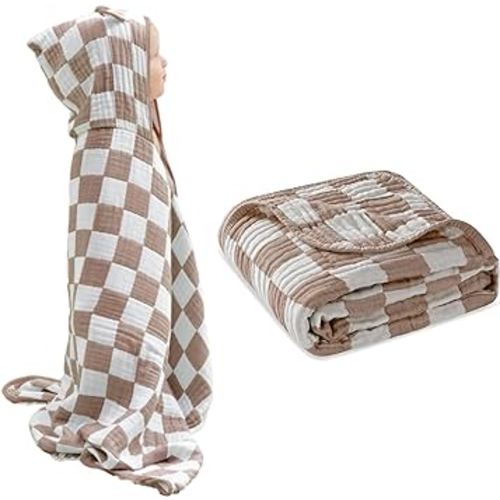 Ultra Soft Muslin Toddler Towel and Blanket 2 Pack (Checkered Coffee)