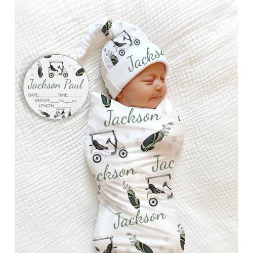 WATERCOLOR GOLF SWADDLE Set -Personalized Golf Baby Blanket Gift Set Golf Nursery Name Sign Birth Announcement Golfer Boy Baby Shower Gift —