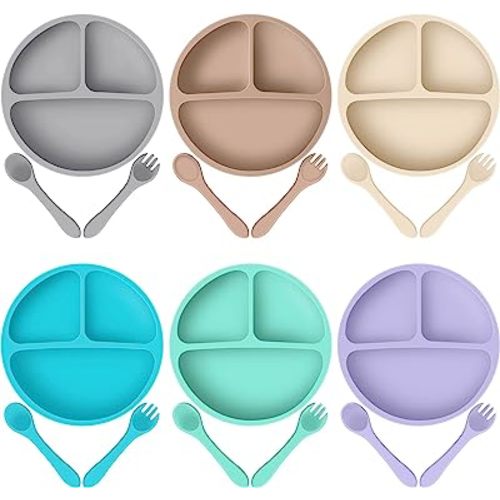 6 Pack Suction Plates for Baby with Spoon Fork Divided Toddler Plate with Suction Silicone Baby Self Feeding Set for Boys Girls (Gray, Green, Blue, Beige, Khaki, Purple)