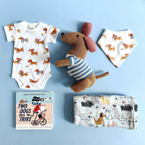 Dog Print Baby Onesie, Bib, Swaddle, Book & Toy