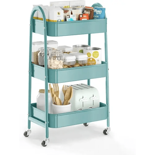 EAGMAK 3 Tier Utility Rolling Cart, Metal Storage Cart with Handle and Lockable Wheels, Multifunctional Storage Organizer Trolley with Mesh Baskets for Kitchen, Living Room, Office, Garage (Green)