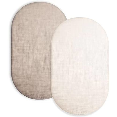 Bassinet Sheet for Baby Boy and Girl, Fitted Sheets for Rectangle, Oval, Hourglass Bassinet Mattress, Muslin Moses Basket Sheets with Neutral Style (Beige & Cream, Bassinet 2 Pack)