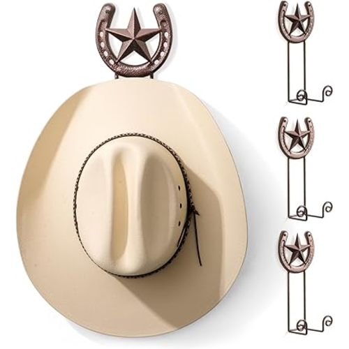Cowboy Hat Rack for Wall 4 Pcs Western Metal Horseshoe Cowboy Hat Hanger with Texas Star for Entryway Bedroom Tack Room Western Wall Decor Gift for Horse Lover Bronze