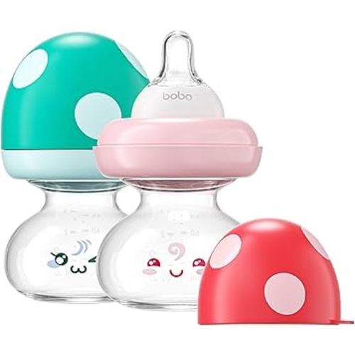 YOHKOH Newborn Glass Baby Bottles with Slow Flow Nipple for 0+ Months, Wide Neck Feeding Bottle, 2.7oz/80ml (Multicolour, 2.7oz (Pack of 2))