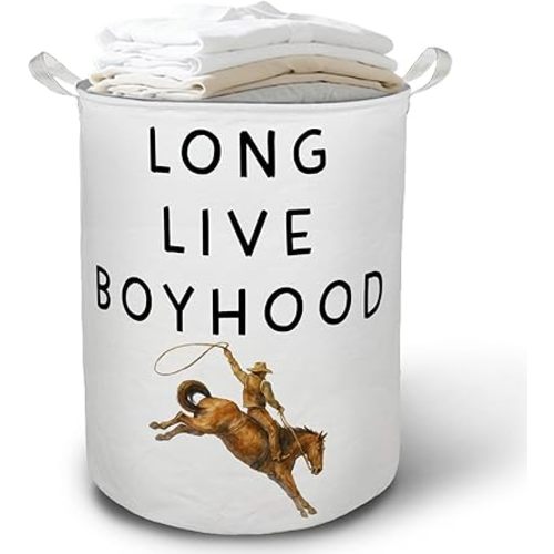Western Rodeo Cowboy Laundry Basket Hamper, Cowboy Nursery Decor, Long Live Boyhood Foldable Clothes Toys Books Storage Box Bins Baskets Organizer for Kids Boys Bedroom Bathroom Playroom