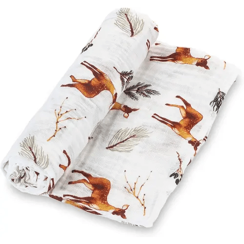 LollyBanks Swaddle Blanket 100% Muslin Cotton Deer Print