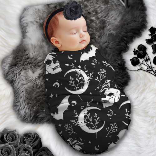 Bats and Skulls Goth Swaddle Blanket, Goth Baby Swaddle, Witchy Skull and Bat Blanket + Headband or Hat, Heavy Metal Baby