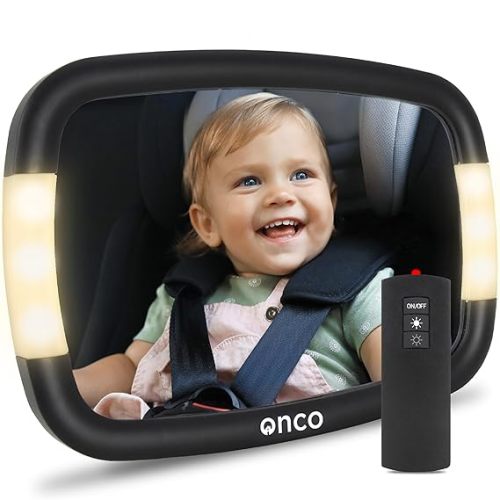 Onco LED Baby Car Mirror with Light - 2 Modes for Day & Night Driving, 100% Shatterproof Baby Mirror for Car, 360° Car Mirror for Baby, Universal Car Seat Mirror for Baby Rear Facing, NEW & IMPROVED