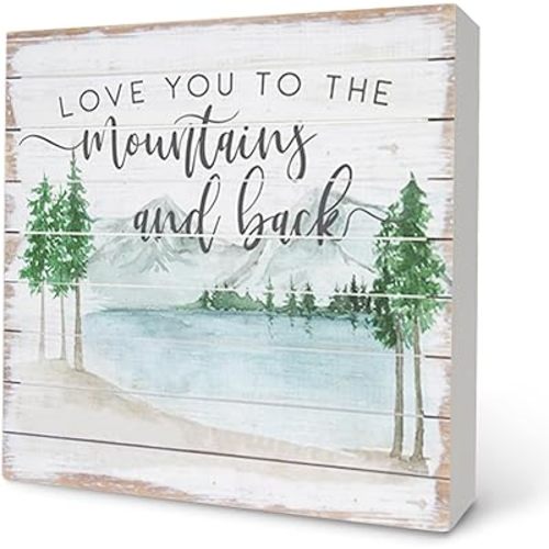 Knibeo Love Decor,Love You to the Mountains and Back Wood Box Sign Decor,Rustic Love Quotes Wood Box Sign Block Plaque for Home Bedroom Desk Shelf Table Decor 5x5 Inch