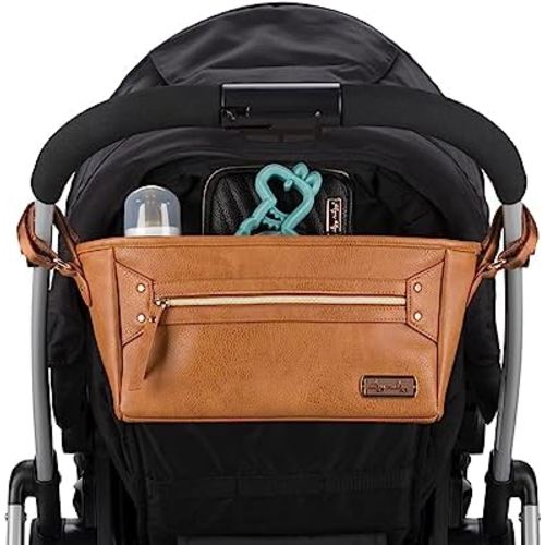 Itzy Ritzy Adjustable Stroller Caddy/Organizer - Stroller Organizer Bag Featuring Front Zippered Pocket, 2 Built-in Interior Pockets & Adjustable Straps to Fit Nearly Any Stroller (Cognac)