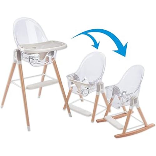 Primo Vista 3-in-1 Convertible High, Toddler, & Rocking Chair, Clear, Transparent Seat, Grows with Child, Modern Style, Adjustable Wooden Legs, Easy to Use, Assemble, Safe & Sturdy, 21.5 x 25 x 40.5"