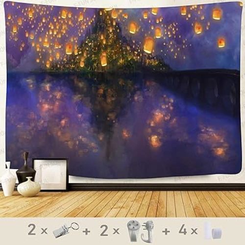 F-FUN SOUL Night Castle Tapestry, 40x30inchs Soft Flannel, Cartoon Castle Lantern Fuzzy Pattern Wall Hanging Tapestries for Bedroom Living Room Decor GTOKFS0773