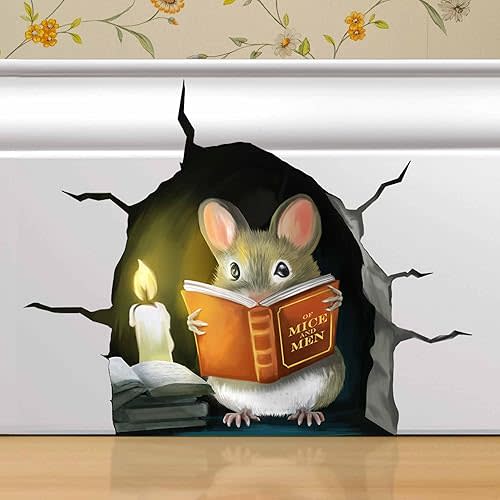 3D Mouse Reading Book in Mouse Hole, Decal Sticker, Removable Wall Decor, Book Lover Gift Idea, Baseboard, Wall Sticker Decal, Kids Room, Classroom, Library