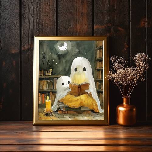 Cute Mum and Baby Ghost Print, Reading Bedtime Stories, Spooky Halloween Decor, Gothic Nursery Wall Art, New Mum Gift Idea