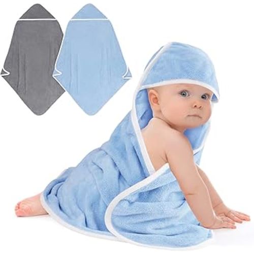 Hooded Towel for Newborn, 2 Pack Soft Coral Fleece Baby Towels, Ultra Absorbent Bath Cloths Bulk for Infants, Toddlers, Newborn Essential- 30 x 30 inch - Grey & Blue