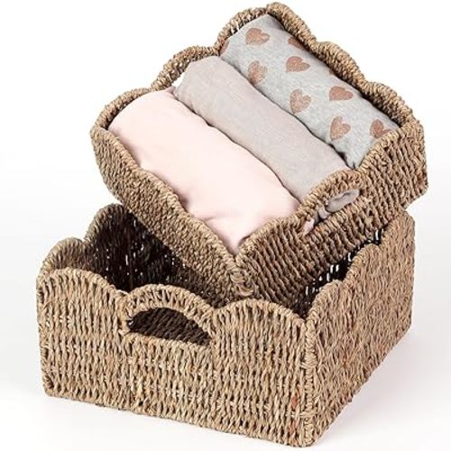 Scalloped Baskets (Natural-Set of 2) Seagrass Basket For Decor, Basket Living Room Organizer, Bathroom, Bedroom, Laundry,... Seagrass Storage Baskets with Built-in Handles.