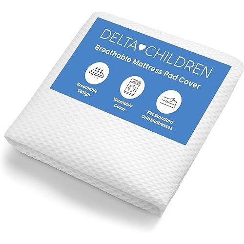 Delta Children Breathable Crib Mattress Pad Cover - 100% Breathable Mattress Pad Cover for Cribs - Elastic Edges for Secure, Universal Fit - Machine Washable - 1 Pack, White