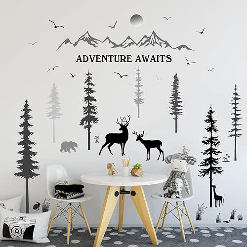 3 Sheets Woodland Nursery Wall Decals Forest Deers Wall Stickers Bears Pine Tree Wall Decals Inspirational Quote Mountain Animal Sun Wall Stickers DIY Wall Decals for Kids' Room