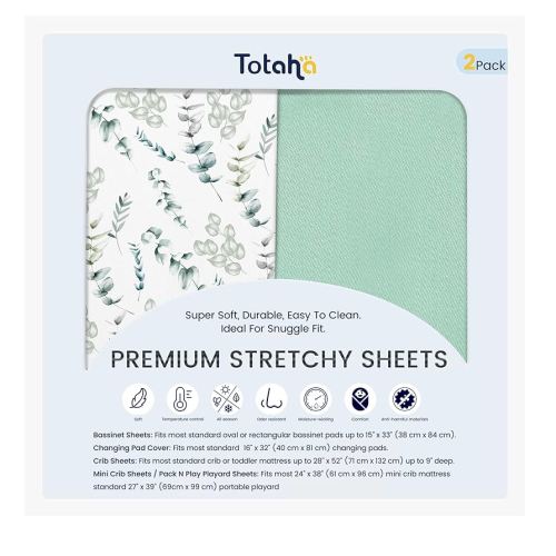 TotAha Botanical Pack and Play Sheets Fitted, Compatible with Graco Pack N Play Playard Crib, Babyletto, Dream on Me, Baby Trend, and Other Playpen Mattress, Premium Soft Mini Crib Sheets, 2 Pack
