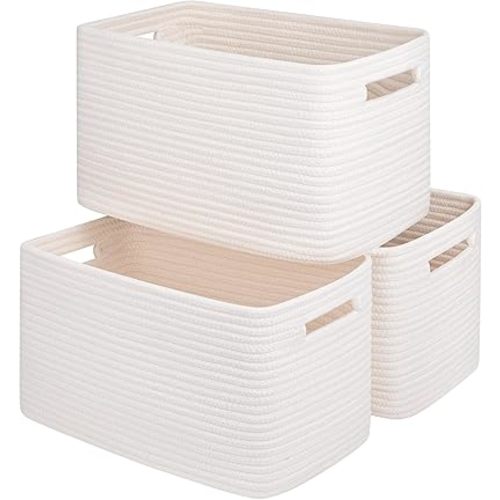 Storage Baskets for Organizing, Decorative Woven Baskets for Shelves, Cotton Rope Storage Cube Bins for Toys, Books, and Towels-15''Lx10''Wx9''H-3 Packs, White