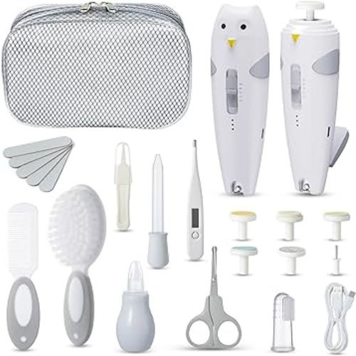 Lictin Baby Healthcare and Grooming Kit, 26 in 1 Rechargeable Nail Trimmer Electric Set,Safe File with Auto Light, Newborn Nursery Health Care Portable Safety Set for Infant Toddlers Boys Girls, Grey