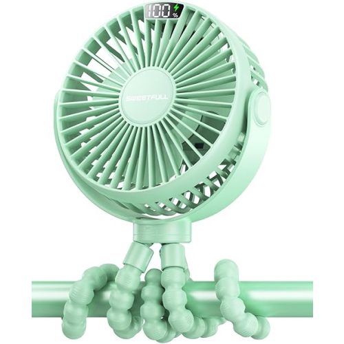 SWEETFULL Portable Stroller Fan, with Display 4000mAh Battery Powered Mini Clip On Fan, 4-Speed Rechargeable Small Personal Fan Handheld Desk Cooling Fan for Baby Car Seat Crib Travel Green
