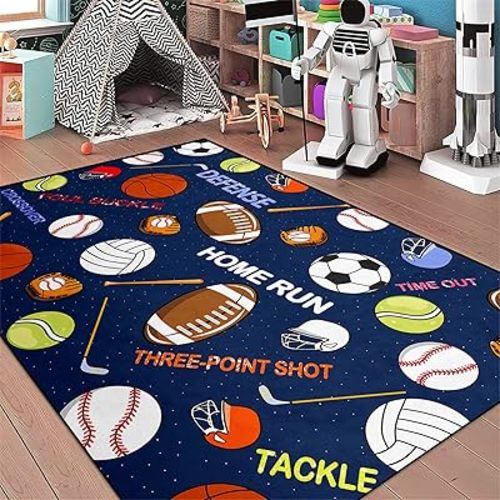 Navy Blue Sport Rugs Boys Rugs for Bedroom Kids Rug Balls with Soccer Ball, Basketball, Football, Tennis Ball Playroom Rug for Living Room Bedroom Decor, 3'x4'
