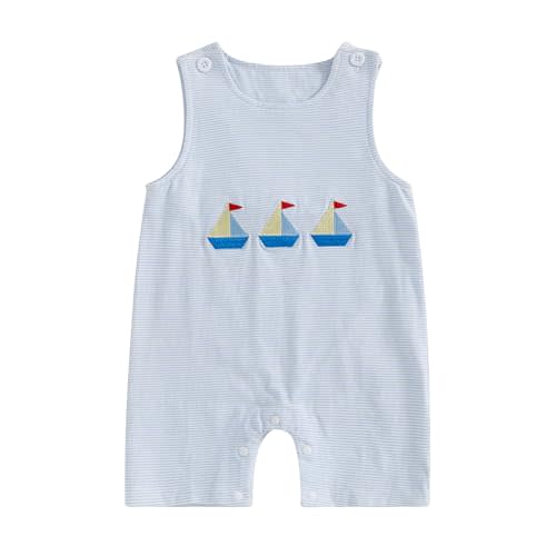 Gueuusu Sailboat Baby Boy Clothes Embroidery Striped Short Dungaree Romper Sleeveless Summer Beach Overalls Clothes