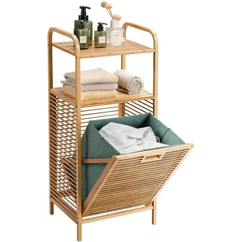 Giantex Laundry Hamper Tilt-Out Laundry Linen Hamper Bamboo Freestanding Clothes Basket W/ Shelf & Removable Liner, Storage Laundry Shelf for Bathroom Living Room Bedroom, 16’’x13’’x37.5’’(L x W x H)