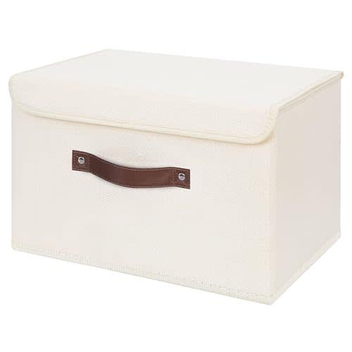 ANMINY Storage Bin with Lid Storage Boxes with PU Leather Handles PP Plastic Board Decorative Foldable Lidded Cotton Linen Fabric Home Cubes Baskets Closet Organizer Container - Beige, Large Size