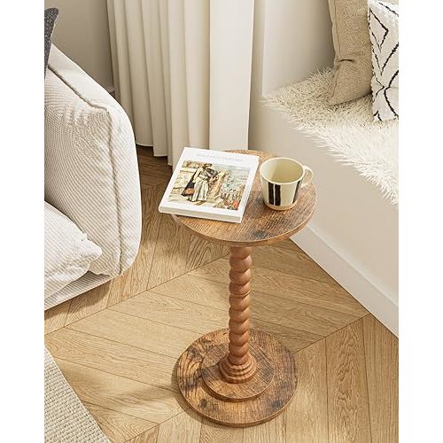 Masupu Round Side Table, Small Drink Table for Small Spaces, Pedestal End Table with Solid Wood Leg for Living Room, Bedroom, Corners(Rustic Brown)