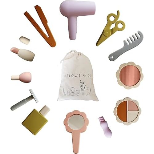 Marlowe & Co Silicone Hair Salon and Makeup Kit for Toddlers and Children, 12 Piece Pretend Play Hair and Makeup Kit, Princess Christmas Birthday Gift for 3 4 5 6 Year Old Girls (Retro Multi Mix)