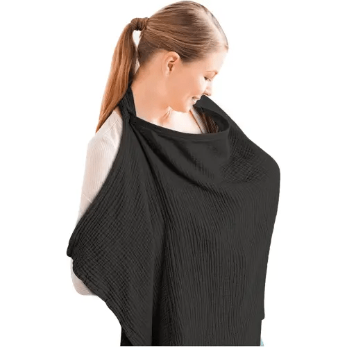 Konssy Muslin Nursing Cover for Baby Breastfeeding, Breathable 100% Cotton Breastfeeding Cover with Rigid Hoop for Mother Nursing Apron, Multi-use Carseat Canopy (Black)