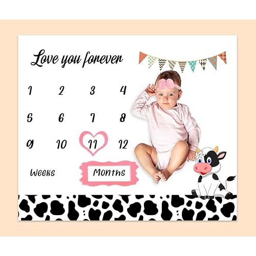 Cow Milestone Blanket for Baby Boy, Farm Animals Cow Print Photography Background Newborn First Year Growth Blanket for Baby Pictures Include 4 Frames and 1 Headband 48"x40" BTYYPH46