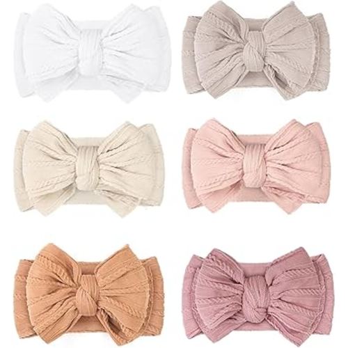 CÉLLOT Super Stretchy Soft Handmade Headbands with Double Bows Head Wrap Nylon Hair Accessories for Newborn Baby Girls Infant Toddlers Kids,Pack of 6(Light)