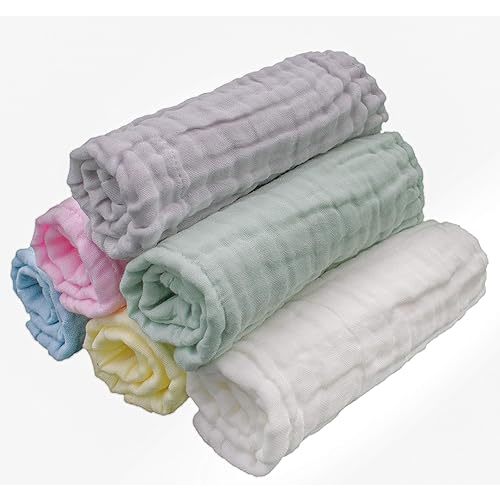 Baby Washcloths, 100% Cotton, Large 12 x 12 Inches Soft and Absorbent Muslin Baby Towel for Bath, Burp Cloths, Bibs, Baby Essentials, Registry (Pack of 6 Multi Color)