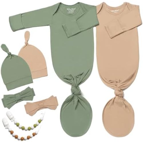 2-Pack Luxurious Newborn Knotted Gown Set - Ultra-Soft Long Sleeve Gown for Baby with Hat, Headband & Pacifier Clip