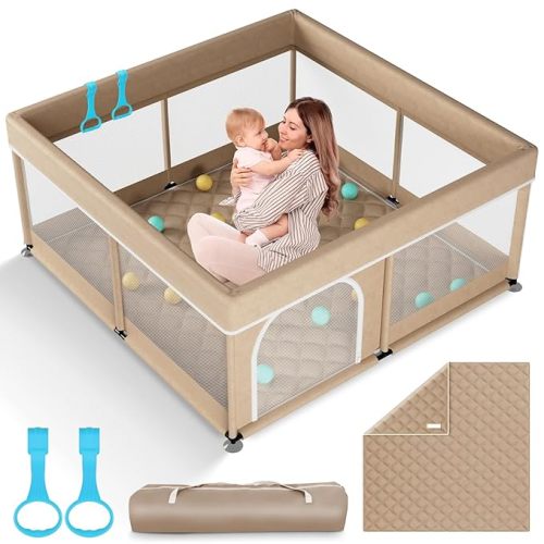 Omzer Baby Playpen with Mat 50x50inch: Large Playpen for Babies and Toddlers Indoor Safety Play Pen with Soft Breathable Mesh - All-Wrapped Sponge Sturdy Play Yard with Stable Mat Magic Sticker Beige