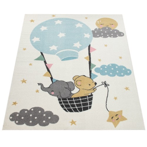 Kids Rug for Nursery Bear and Elephant Balloon Ride in Beige