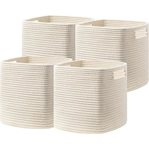 Dreamcountry 13x13 Cube Storage Bins, Storage Cubes with Handles, 4 Pack Cotton Rope Basket for Shelves, Cube Storage Organizer forToys, Book, Clothes, Home, Office, Nursery, Beige