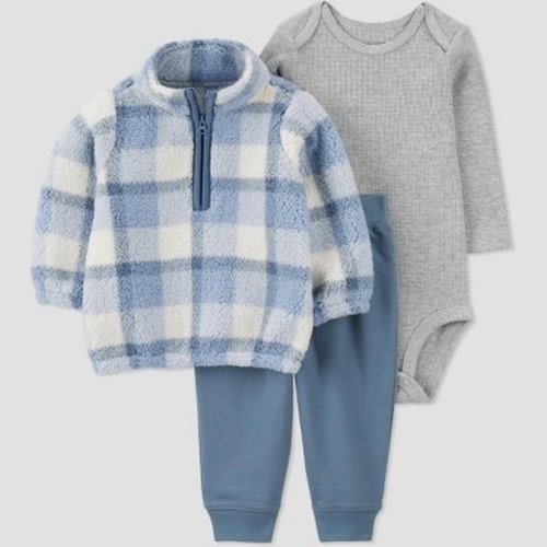 Carter's Just One You®️ Baby Boys' 3pc Plaid Quarter Zip Top & Bottom Set - Blue 6M