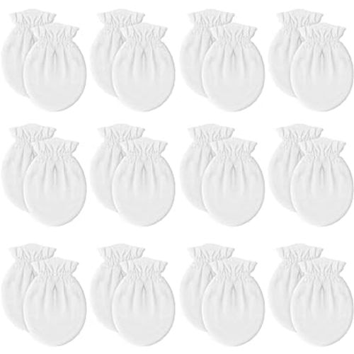 12 Pairs Newborn Baby Mittens,Unisex-Baby No Scratch Mittens,100% Cotton White Mittens for Baby 0-6 Months