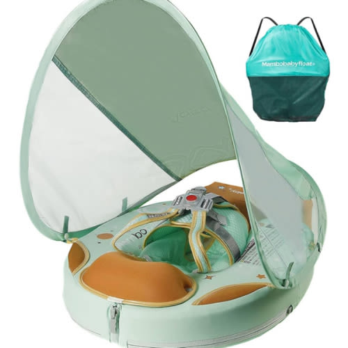 Mambobaby Float with Canopy & Portable Backpack Skin-friendly Baby Swim Float with Tail Waterproof Non-Inflatable Mambo Float Smart Swim Trainer Soft Solid Infant Pool Float 3-24 months Baby Swim Ring