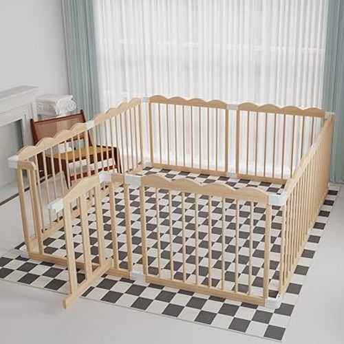 Baby Playpen, Wooden Playpen for Babies and Toddlers, Large Adjustable Wooden Baby Playpen with Locking Gate, Easy to Assemble, Portable Playpen, Baby Fence Play Area(62x70x24 Inch)